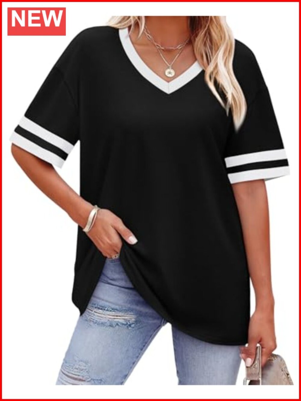 Womens V Neck Loose Fit Short Sleeve Color Block Summer T Shirt